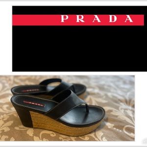 Prada woven wedge thong sandals
